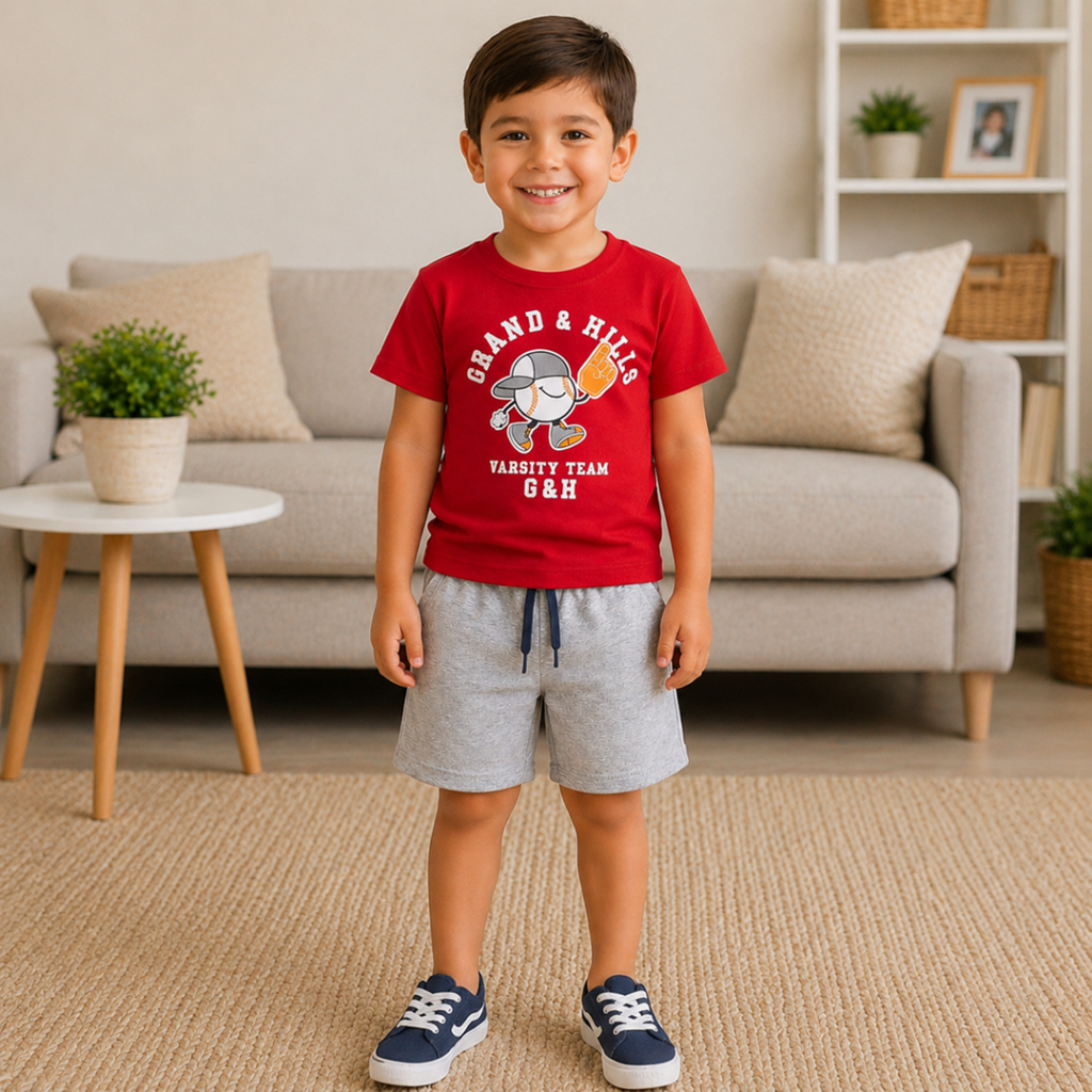 Conjunto Infantil Menino | Camiseta em Malha Algodão Com Estampa Frontal e Bermuda em Moletinho C/Cadarço Fake
