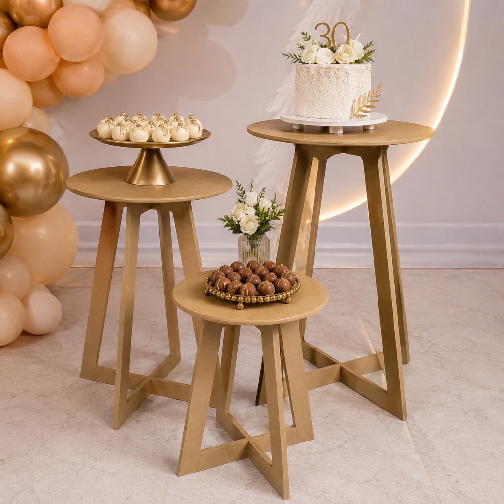 Kit Festa Trio Mesas Cilindros Desmontaves Mdf Cru Decoração