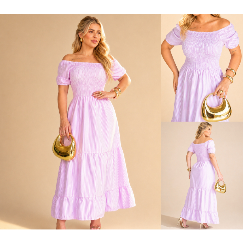 Vestido Longo Feminino Listrado Ombrinho Jaqueline Verão Casual