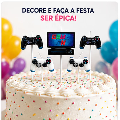 Vela Game para Bolo 5 Peças Controle Vídeo game Decoração Aniversário Festa Gamer