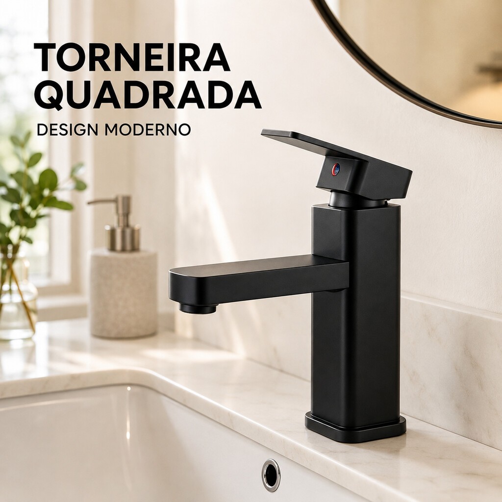 Torneira Quadrada Misturadora para Banheiro com Água Quente e Fria, Acabamento Preto Fosco