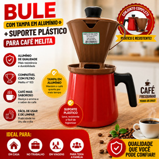 Caneco Bule de Alumínio Vermelho com Tampa + Suporte Porta Filtro de Café Melitta 104  1,8 Litros