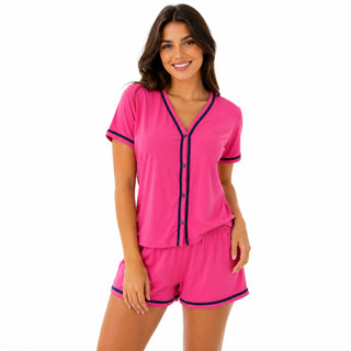 Pijama Feminino Curto Em Malha Blogueirinha Short e Blusa Botões Desconto Amamentação Verão