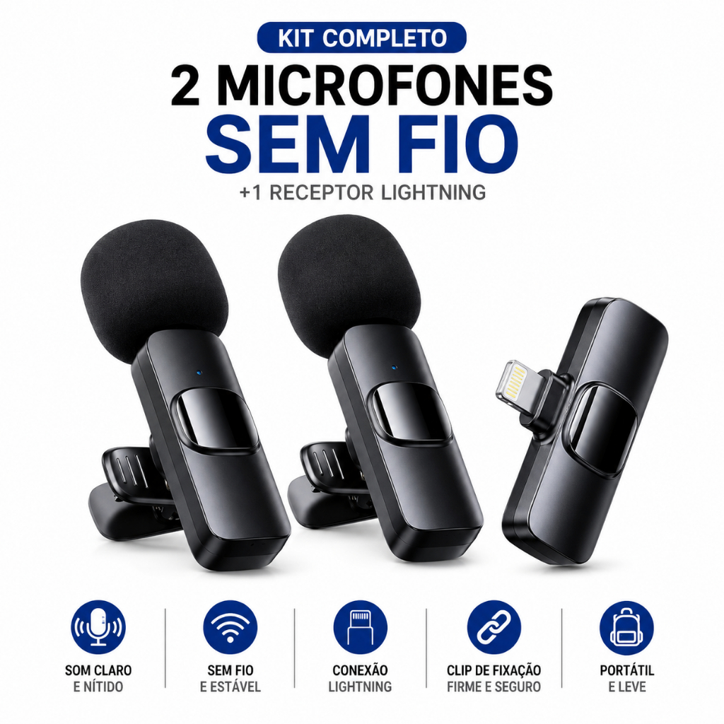 Kit 2 Microfones de Lapela K9 Sem Fio para iPhone Android Tipo C Vlog Live Podcast