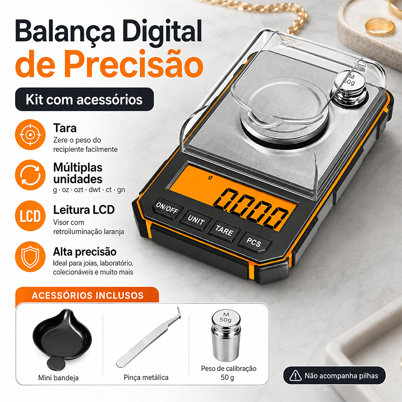 Mini Balança Digital Eletrônica Profissional de Precisão 0.001g/50g Grau Mg com 50g Calibrar Peso