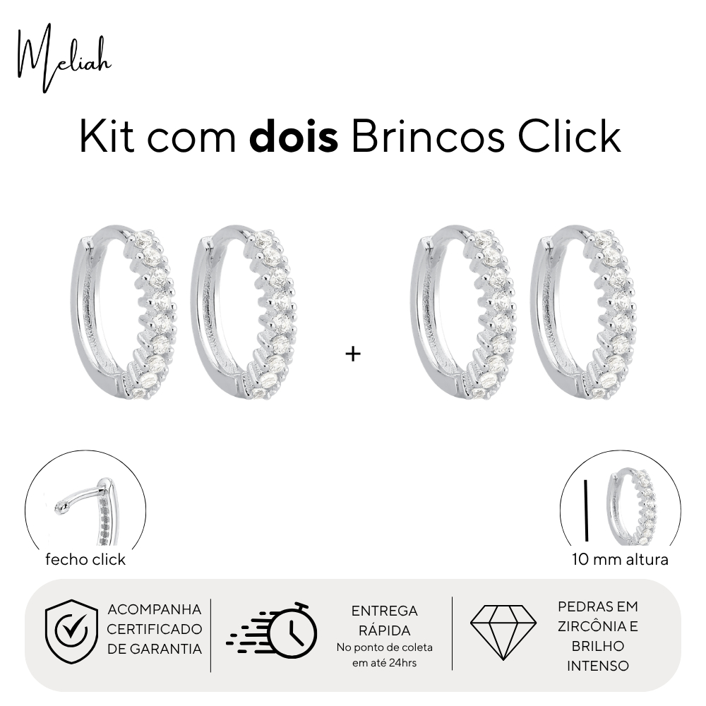 KIT com DOIS pares Brinco Feminino Prata Argola Click Pequena Cravejada Zircônia Presente Joia