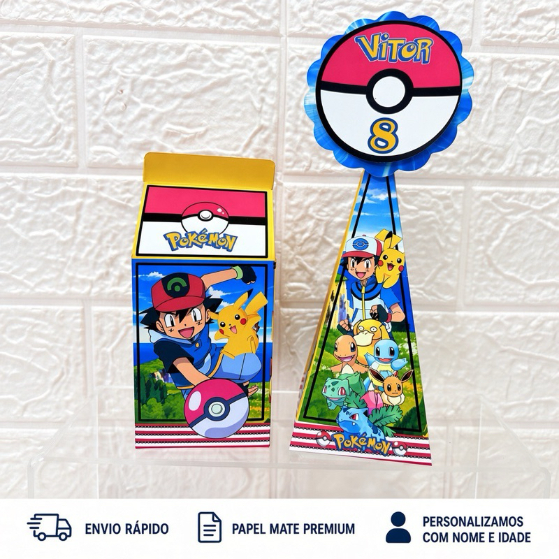 Kit Caixinha Milk e Pirâmide Pokémon Personalizada Lembrancinha Festa