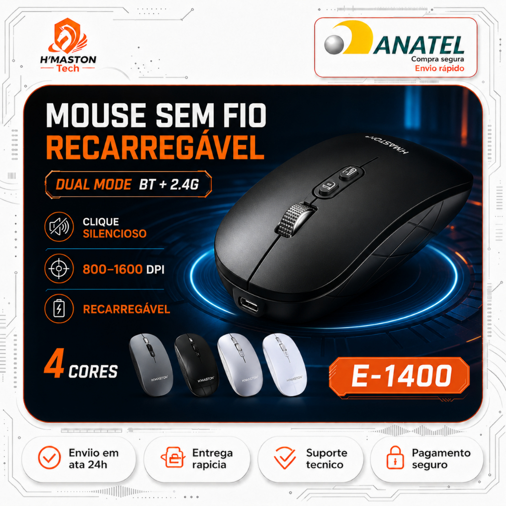 H'maston E-1400 Mouse Sem Fio Para Notebook Mouse Sem Fio Recarregável Mause Mouse Bluetooth Mouse Ergonômico Sem Fio