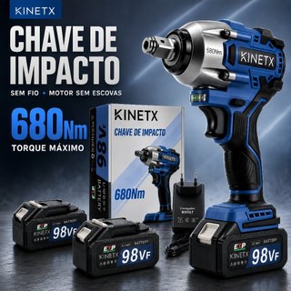 Chave de Impacto Sem Fio KINETX 680Nm Motor Brushless 2 em 1 com 2 Baterias 98Vf Recarregáveis - Profissional