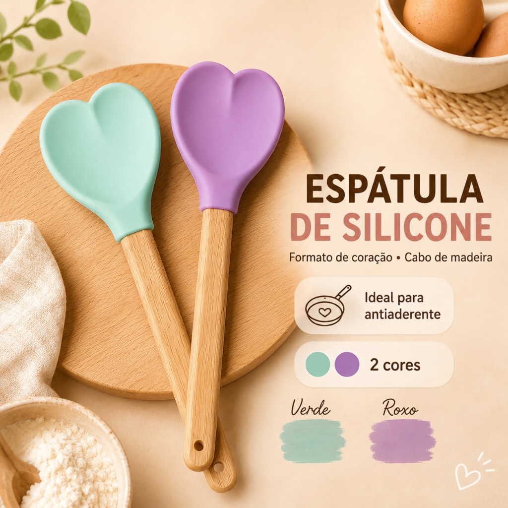 Espátula Coração de Silicone com Cabo de Madeira | Utensílio para Cozinha Antiaderente, Resistente e Fácil de Limpar
