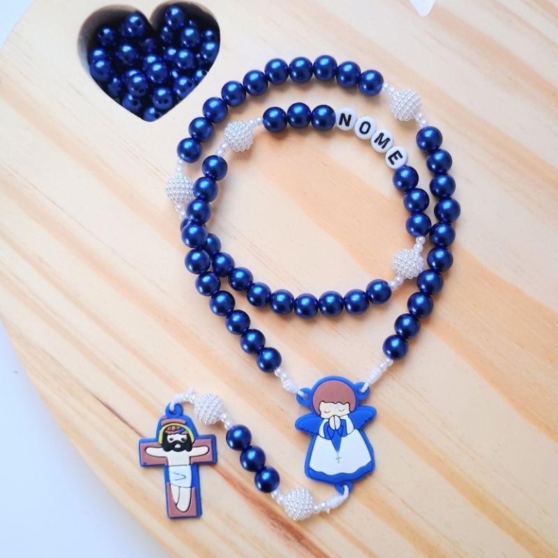 Terço infantil personalizado católico - com ou sem nome - cor azul escuro- presente, batizado, primeira comunhão, crisma