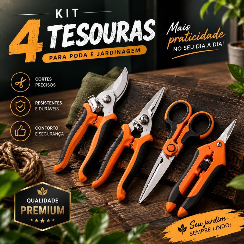 Kit Poda Jardinagem 3 ou 4 Tesouras Aço Inox Bypass Micro Ponta Plantas Flores Bonsai Horta