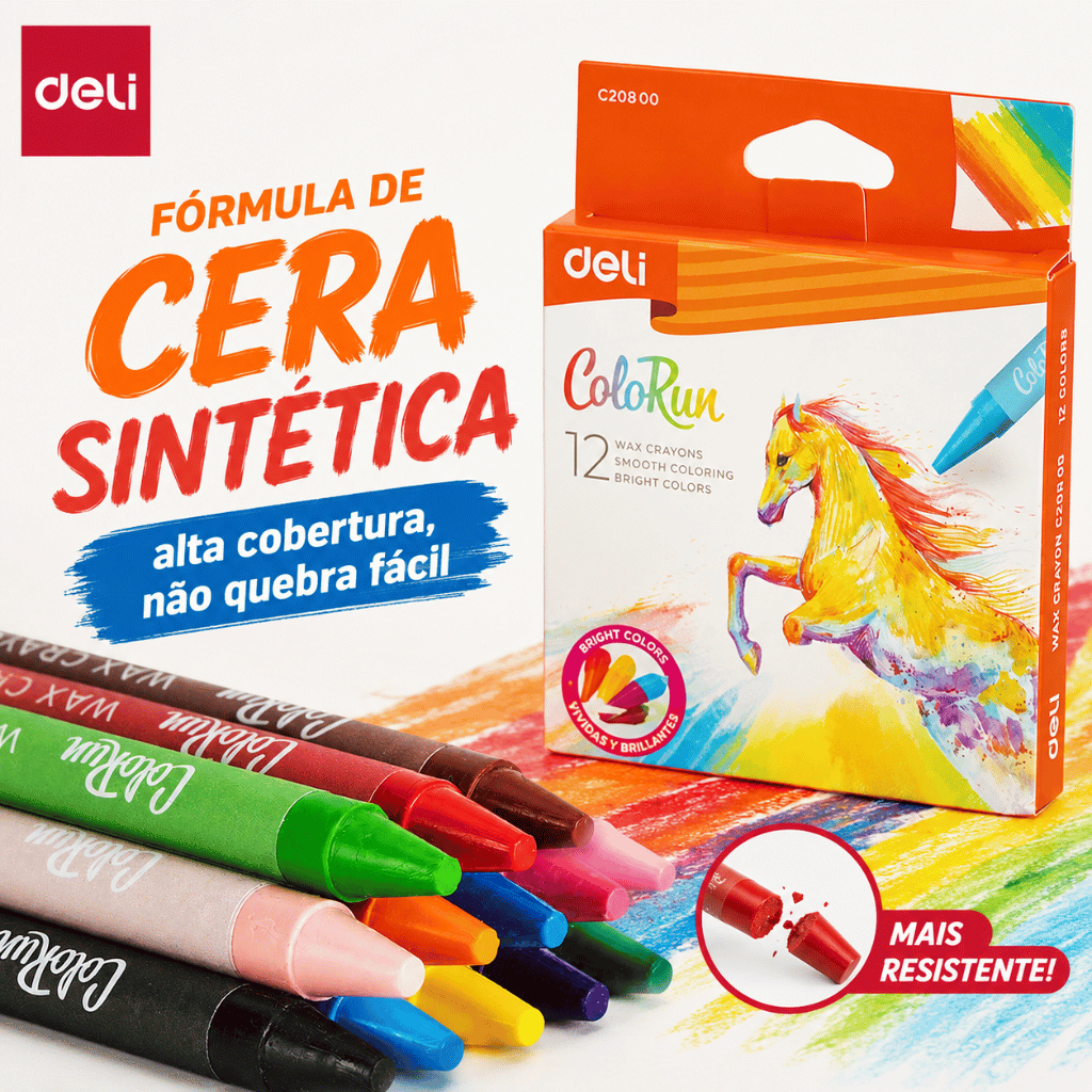 Giz de Cera Deli ColorRun Pintura Macia Estojo com 12 Cores