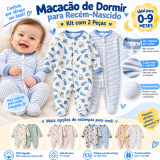 Payifang Kit Macacão Bebê 0-9 Meses Fibra de Bambu Animais Listrado 2 Peças Pijama Bebê Infantil