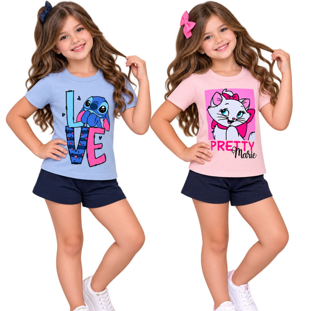 Conjunto MENINA infantil blusa -shorts 1ao3 casual moda verão meninas confortável