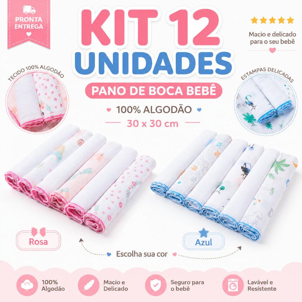 12 Unidades Pano de Boca Bebe Fralda de Boca Babete 100% Algodão 30cm x 30cm