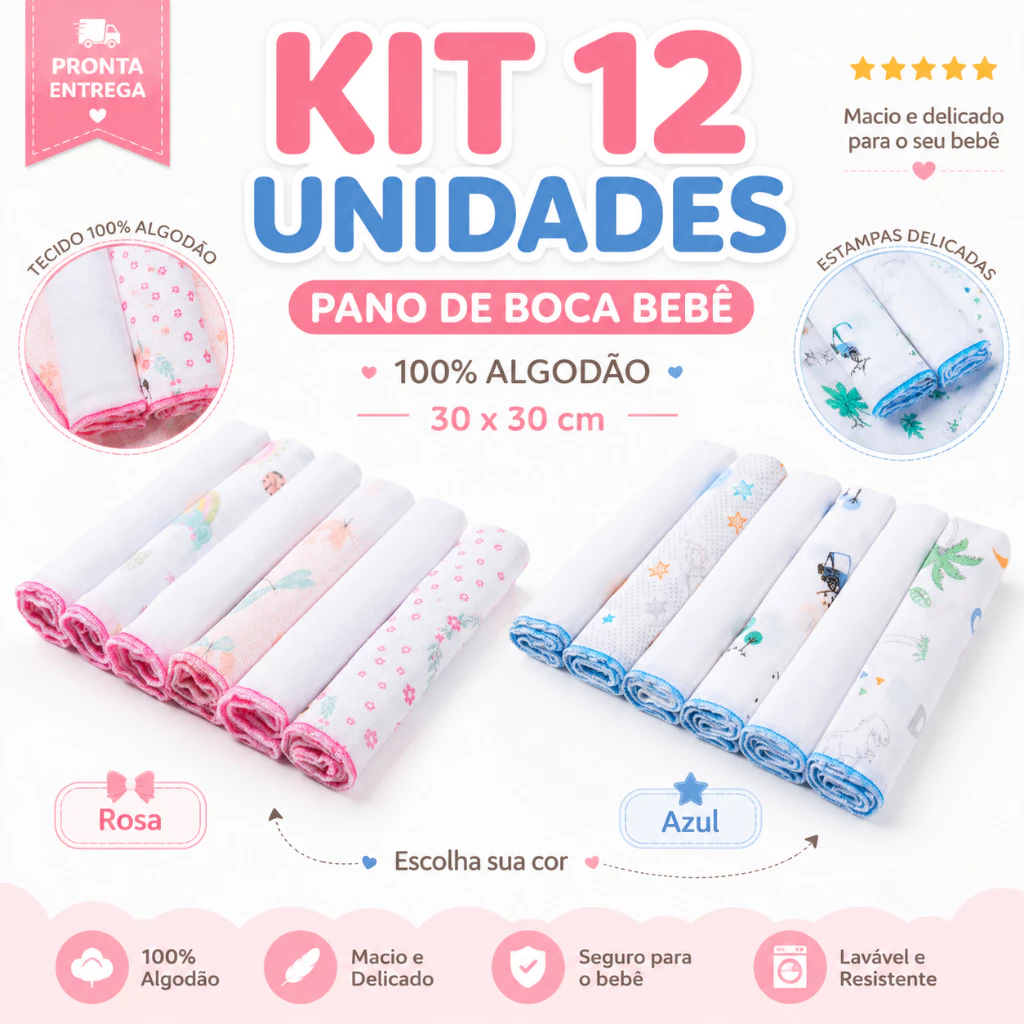 12 Unidades Pano de Boca Bebe Fralda de Boca Babete 100% Algodão 30cm x 30cm