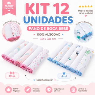 12 Unidades Pano de Boca Bebe Fralda de Boca Babete 100% Algodão 30cm x 30cm