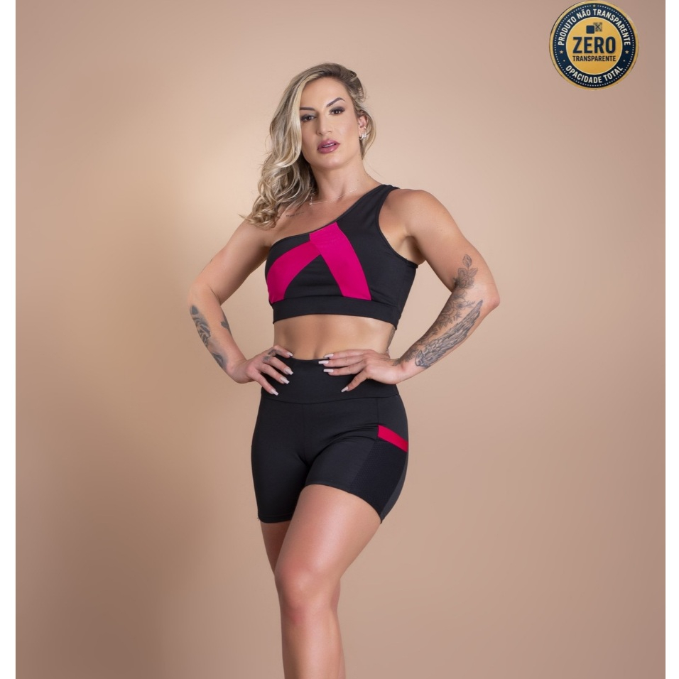 Conjunto Fitness Feminino Short Cintura Alta Bolso Tela Cabe Celular E Top Cropped Ombro Só Academia ZERO TRANSPARÊNCIA