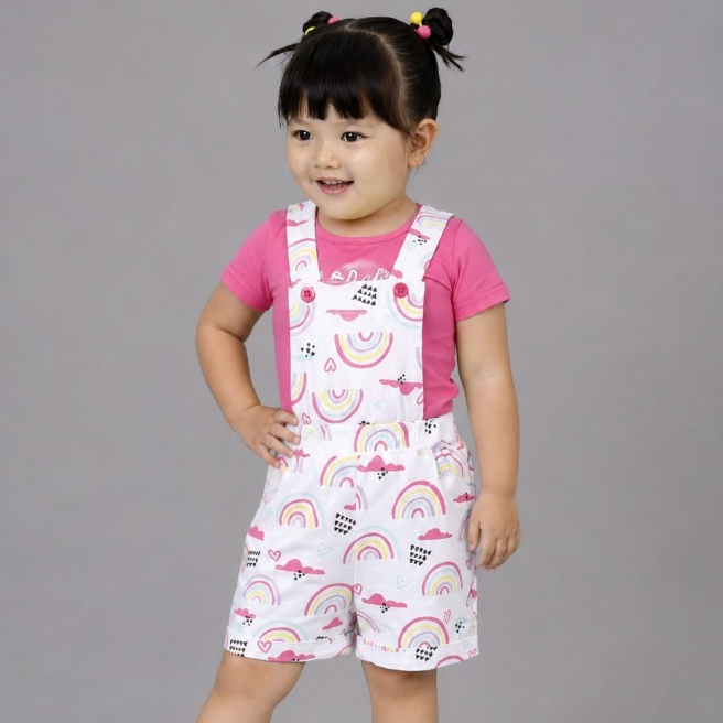 Conjunto infantil feminino com jardineira estampada de arco-íris e blusa rosa!