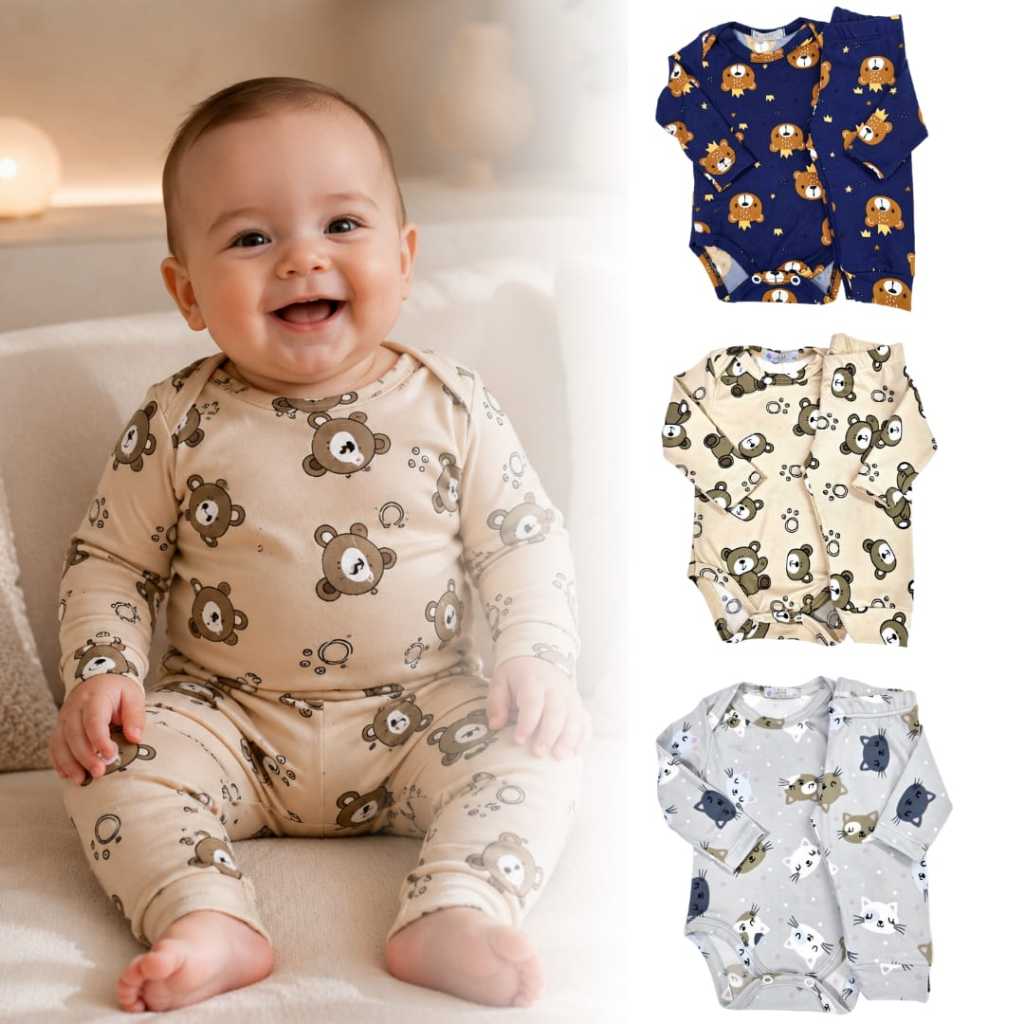 Conjunto Pijama Bebê Body Manga Longa e Calça Mijão em Suede Menino e Menina