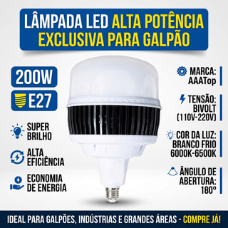 Lâmpada LED Bulbo 200W AAATop Bivolt Branco Frio 6000K a 6500K Luz Branca E27 Luz para Galpão