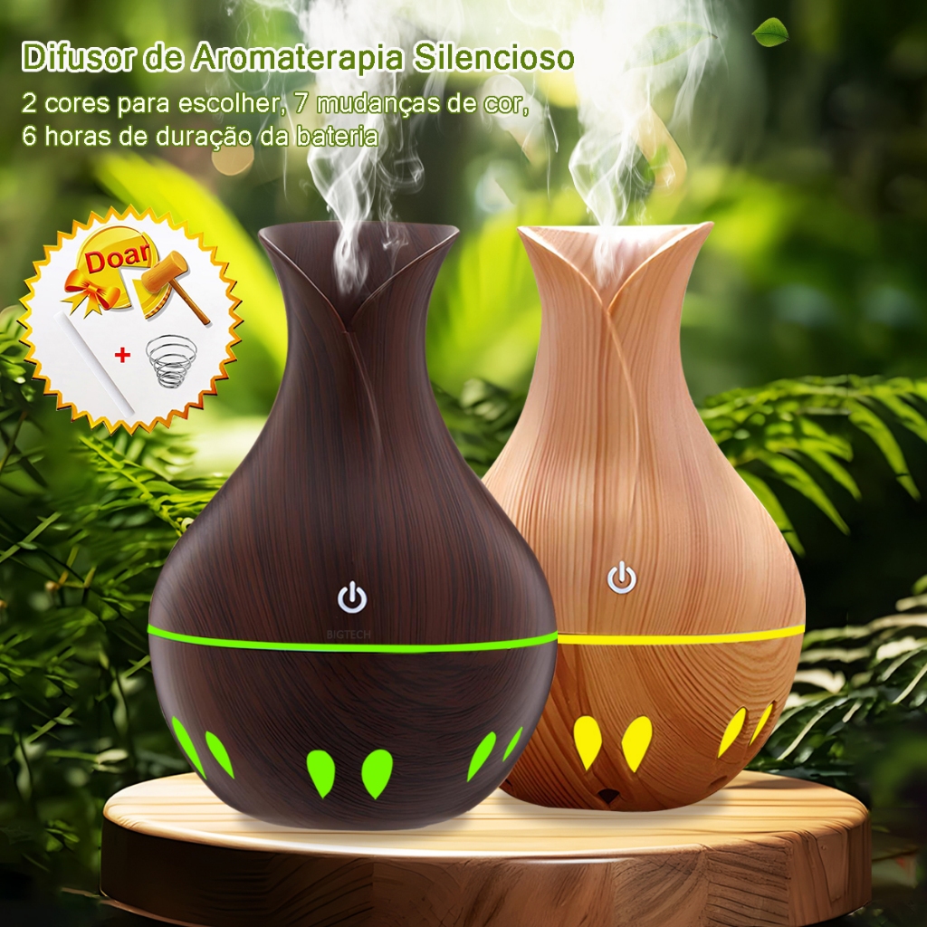 Umidificador De Ar E Aromatizador De Ambiente Ultrassônico Design Vaso Madeira Led 7 Cores Silencioso