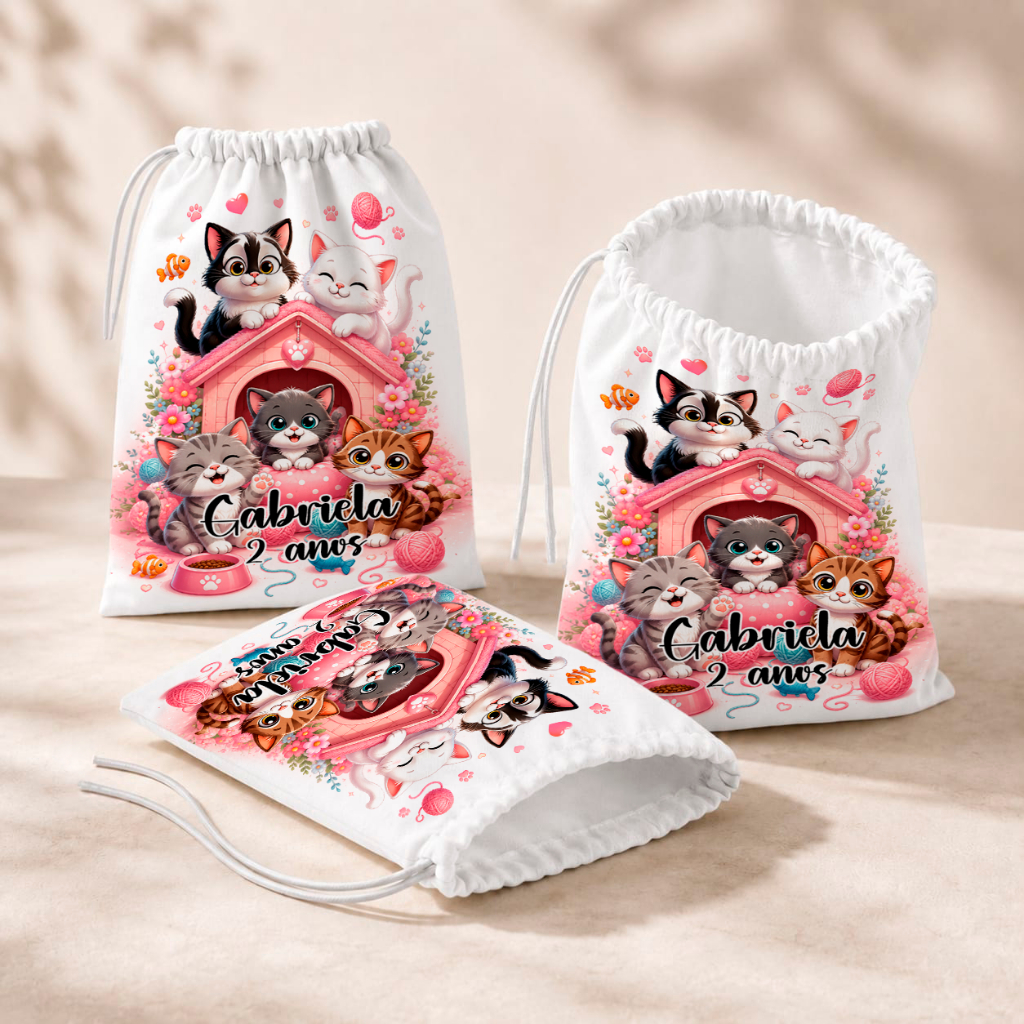 20 Sacolinhas Personalizada Festa Infantil 18x26 Aniversário Lembrancinha Gatinhos Gato Gatos