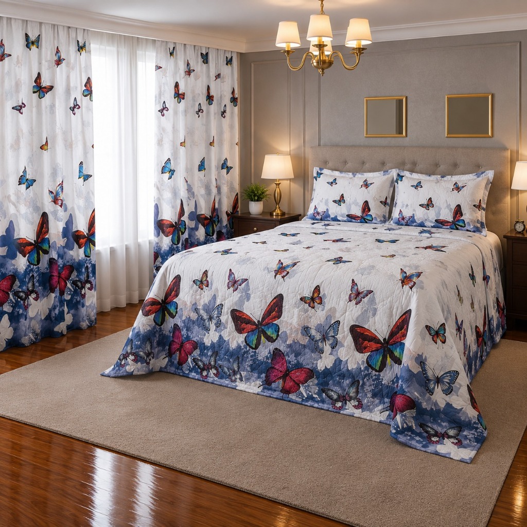 Kit Lençol 4 Peças 3D Com Cortinas Estampada Queen/Box  Toque de Algodão + 2 Porta Travesseiros  *OFERTA