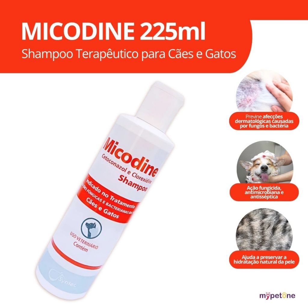Micodine 225mL - Shampoo Antifúngico e Antibacteriano P/ Cães e Gatos