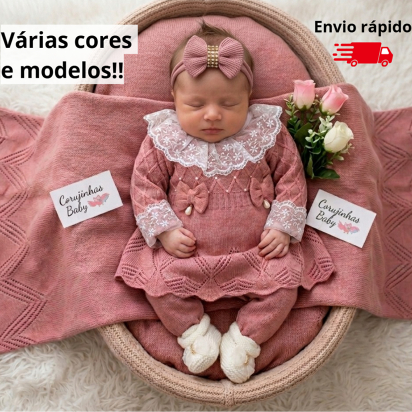 Saída de maternidade luxo de menina em tricô / tricot feminina com renda, vestido e manta