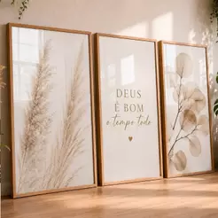 Quadro Decorativo Trio Flores Minamislista Clean Douradas Deus é Bom o Tempo Todo Para Sala Quarto 4K