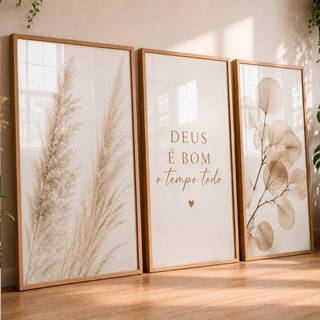 Quadro Decorativo Trio Flores Minamislista Clean Douradas Deus é Bom o Tempo Todo Para Sa…