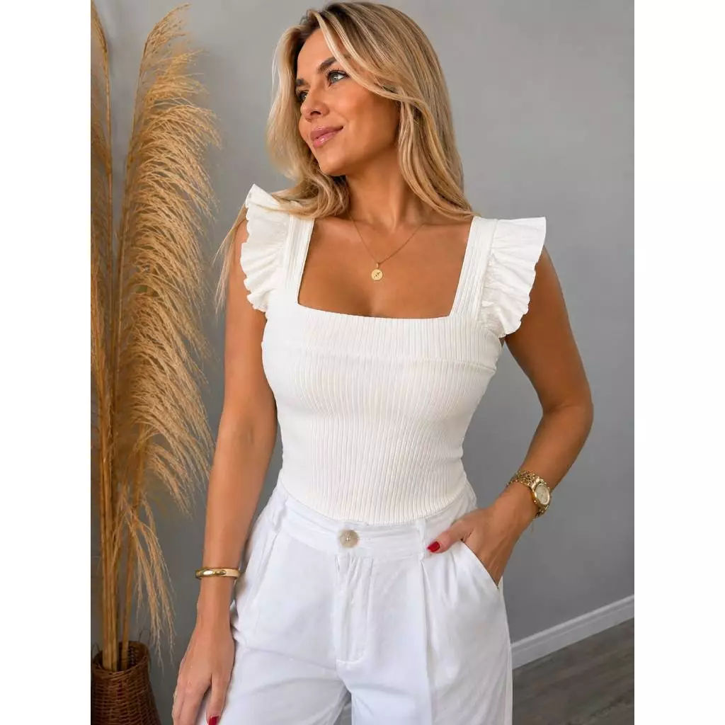 Blusa Regata Canelada Babado Alça Blusinha Elegante Casual Dia a Dia — imagem 1