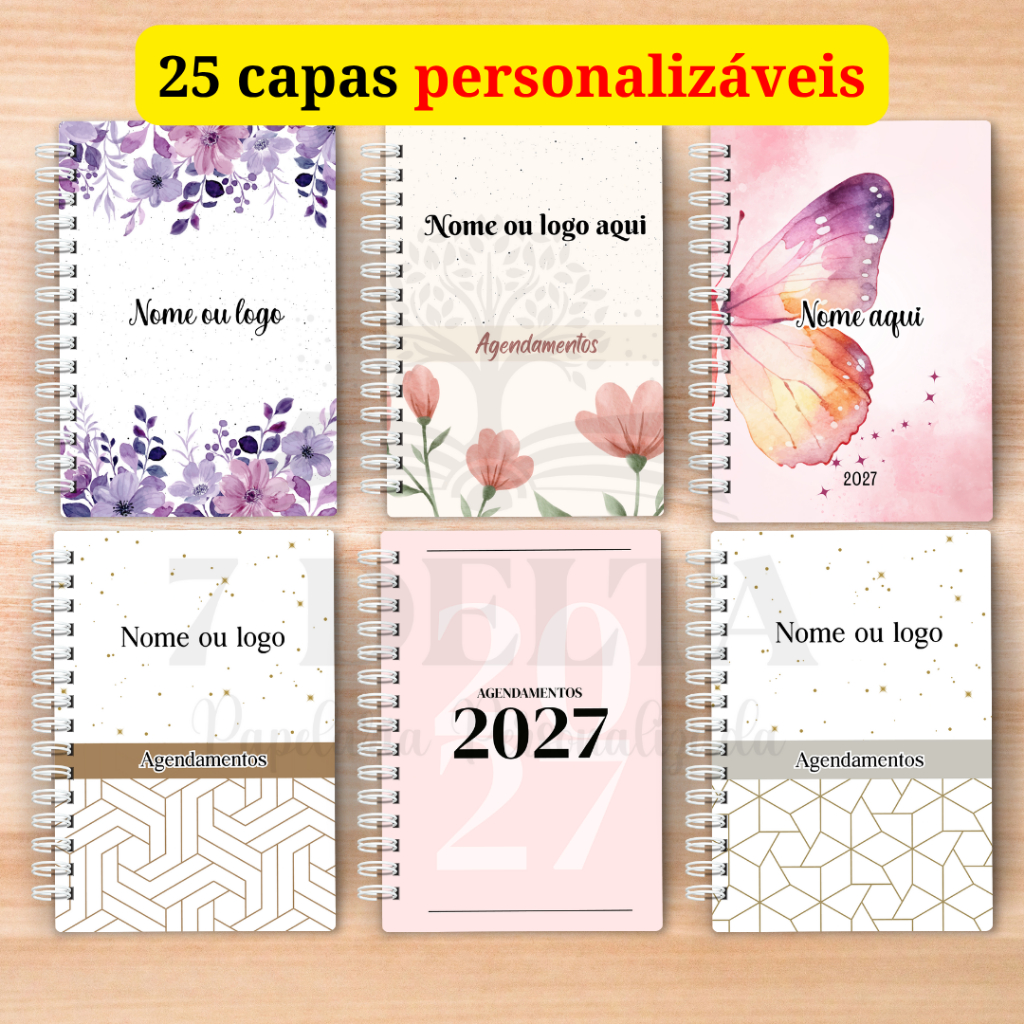 Agenda personalizada 2027 para agendamentos - 25 opções de capas, datada ou não datada,A5, capa dura