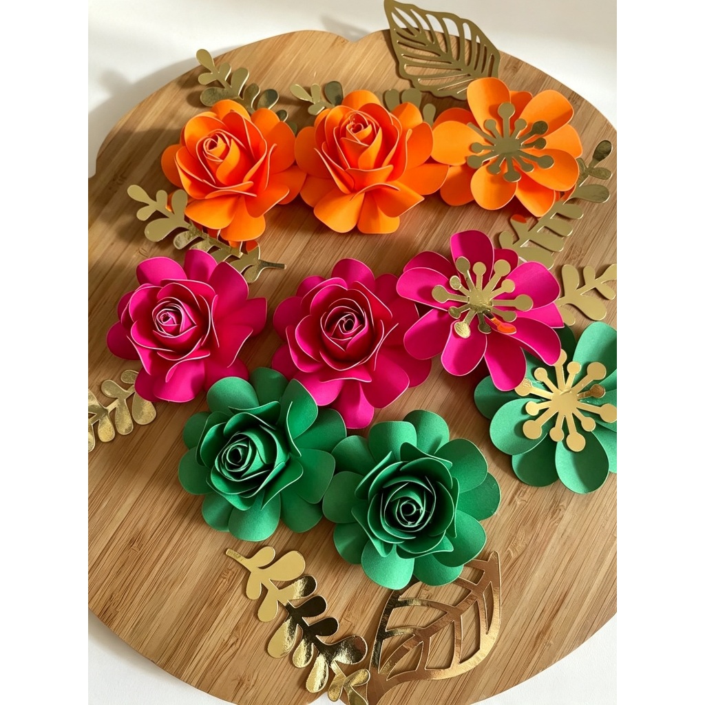 Kit 9 flor de papel / topper de bolo - Rosa pink, Laranja neon (verde ou rosa bebe)  - Topo de bolo personalizado