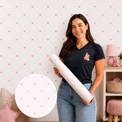 Papel de Parede Autocolante Corações em Tons de Rosa com Losangos para Quarto