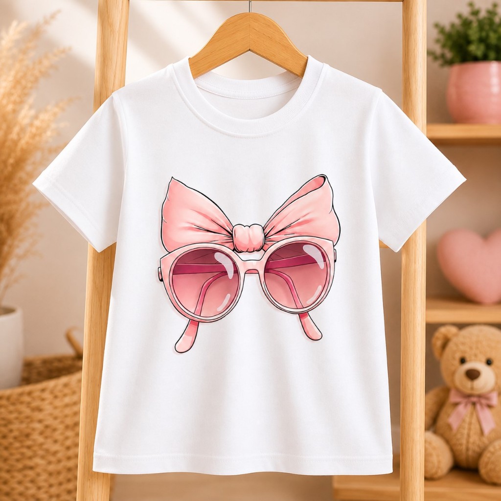 Camiseta Infantil Menina 100% Algodão Estampa Óculos com Laço Rosa Blusa Feminina Kids Confortável