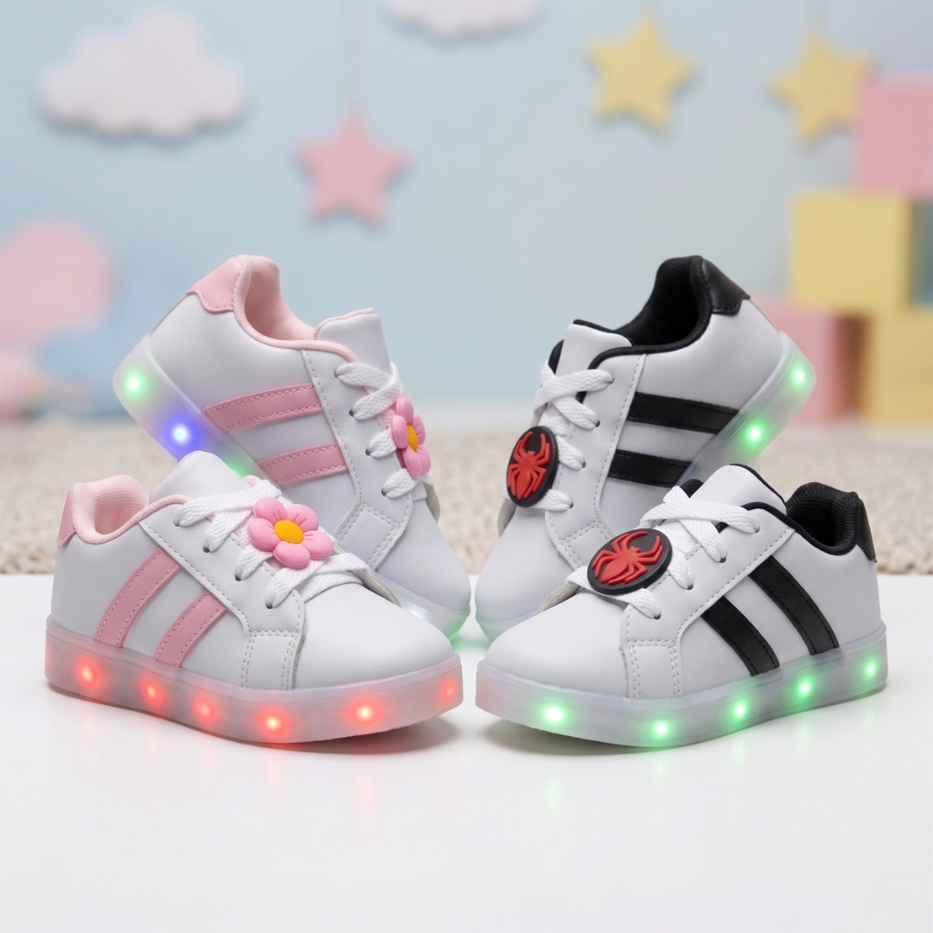 Tênis Infantil LED Confortável para Menina e Menino com Luz Colorida Personagens
