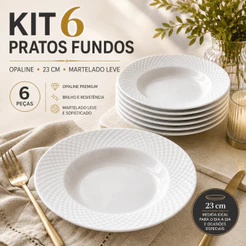 Kit 6 Pratos Fundos 23cm Opaline Branca Borda Martelada