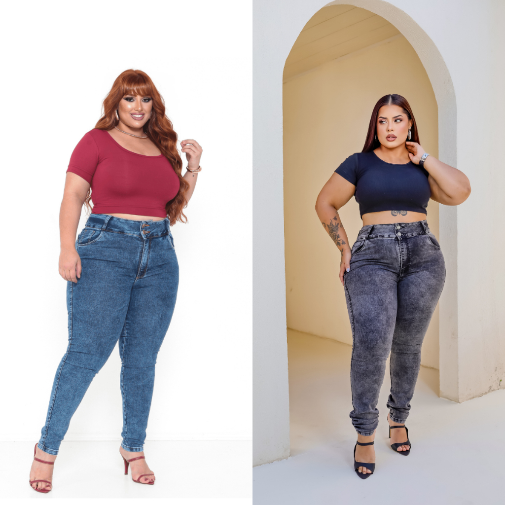 Skinny Plus size feminina jeans Cintura alta chumbo marmorizada com dois botões bolsos frontais e lycra modeladora