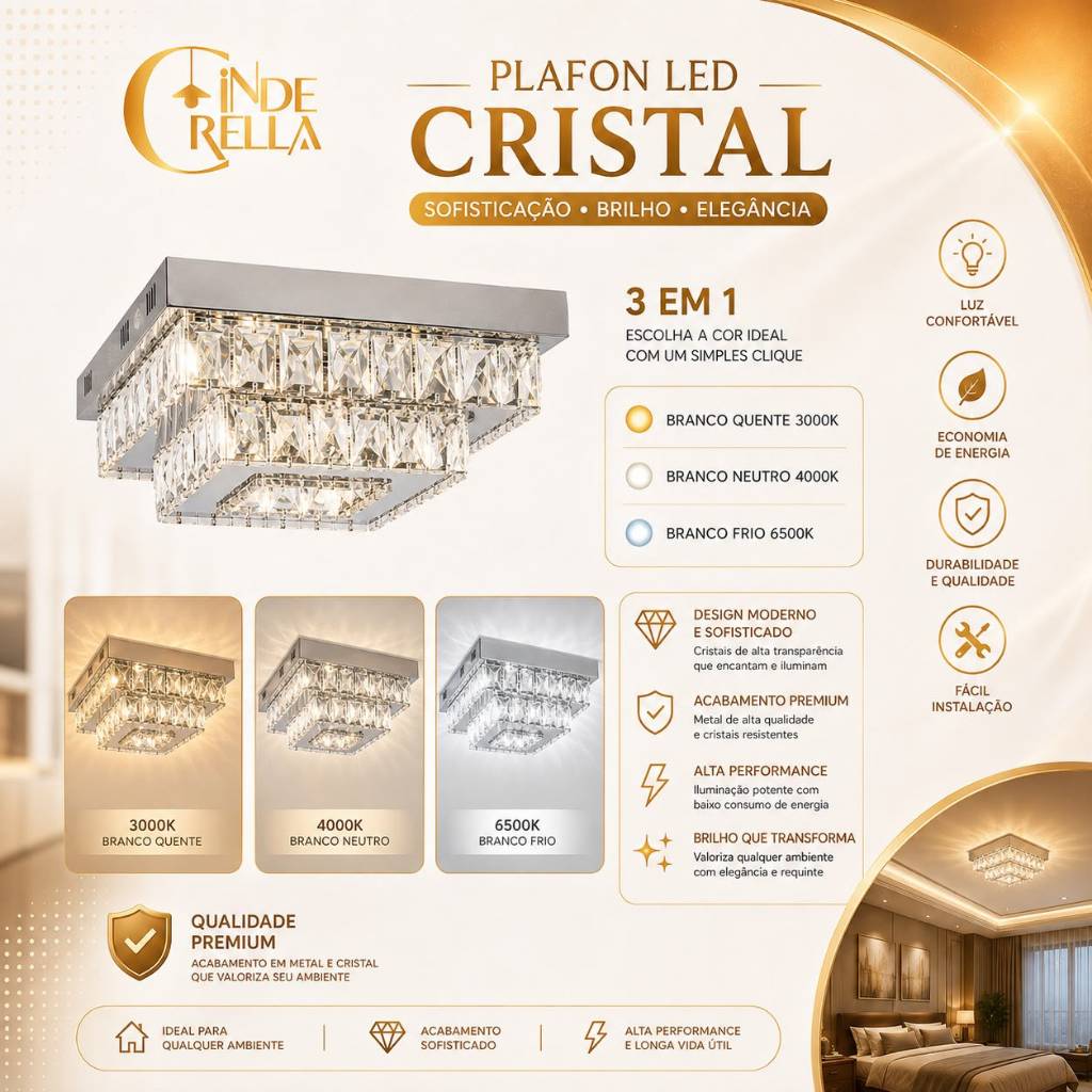 Luminária De Teto Plafon de Metal e Cristal Led 3 em 1 Moderna para Corredor Sala Quarto Cozinha ( NÃO ACOMPANHA CONTROL
