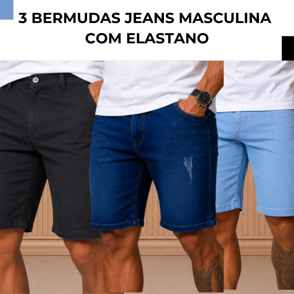 Kit 3 Bermudas Masculina Jeans Com Lycra Elastano - Escolha sua Variação - Short Jeans Masculino.