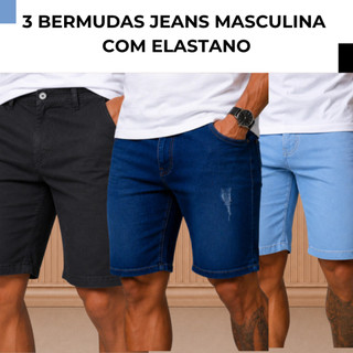 Kit 3 Bermudas Masculina Jeans Com Lycra Elastano - Escolha sua Variação - Short Jeans Masculino.