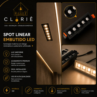 Spot 5W Preto Embutido Slim Spot Retangular Minimalista Led Downlight Linear Spot Linear Foco
