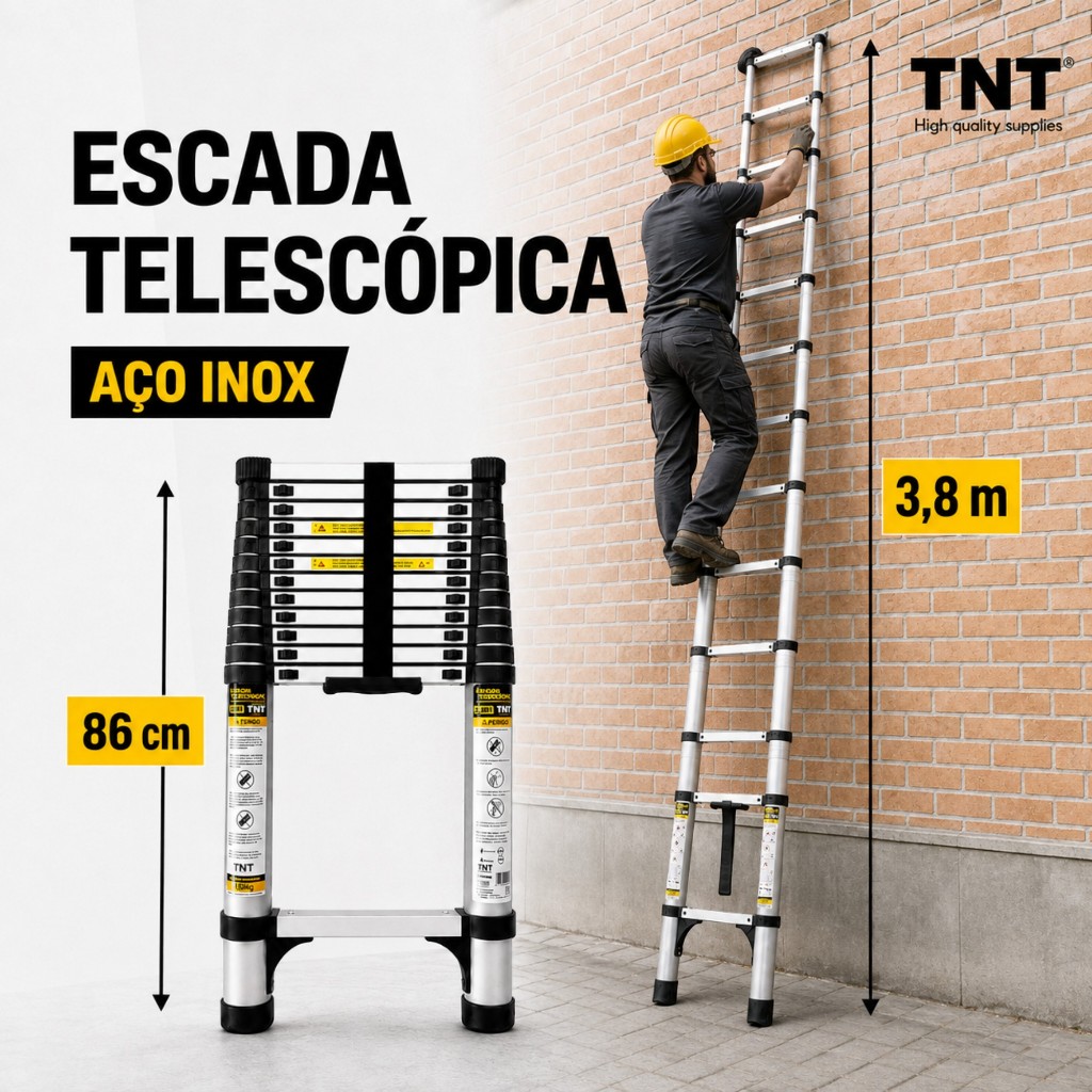 Escada Telescópica TNT Aço Inox (3,2m/3,8m) Retrátil, Fácil de Guardar, Portátil, Extensível