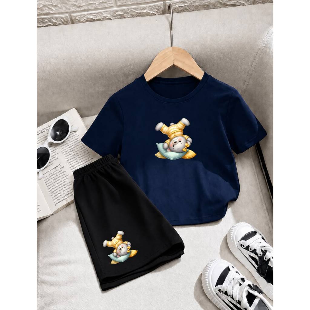 Conjunto Infantil Masculino Camiseta Básica com Short de Moletom Roupa para Menino Confortável Estampa Ursinho