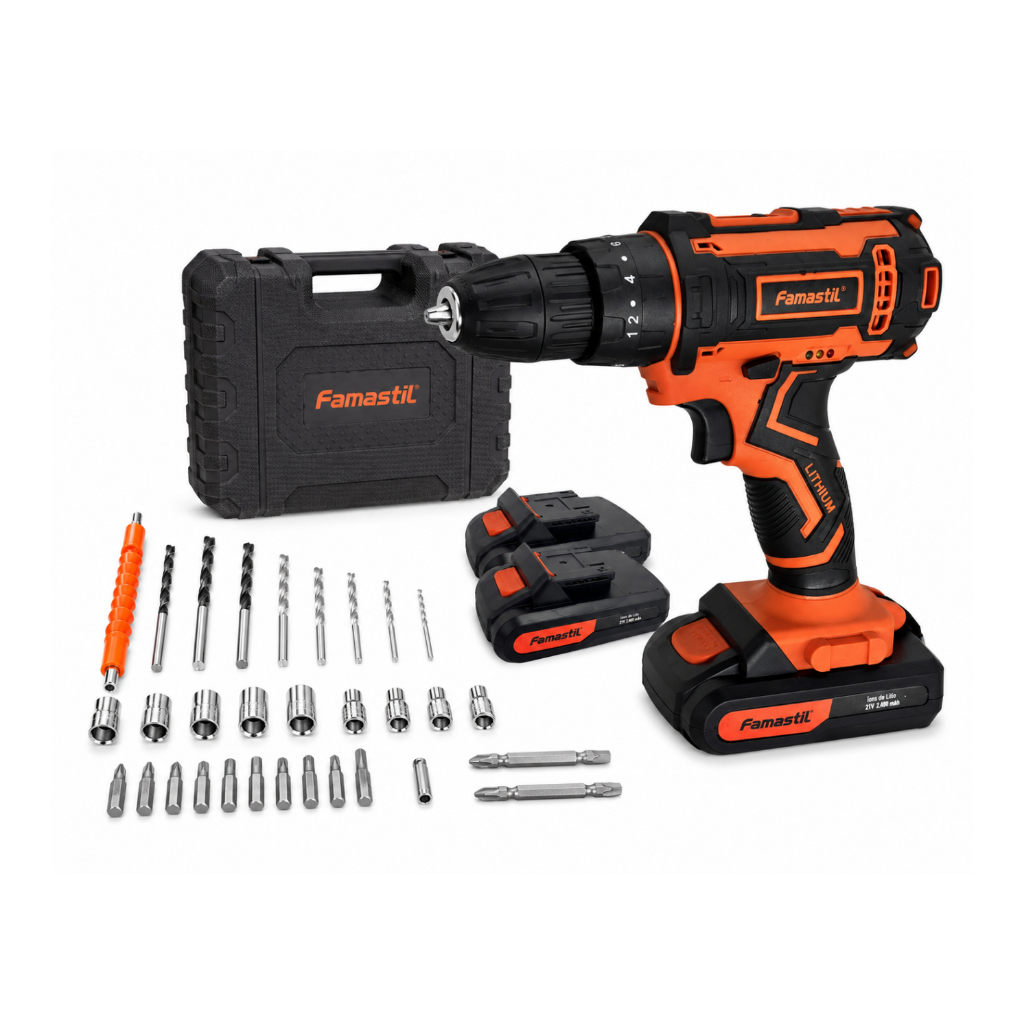 Furadeira Parafusadeira a Bateria Impacto 21V + Kit 35 Peças Famastil com 2 Baterias