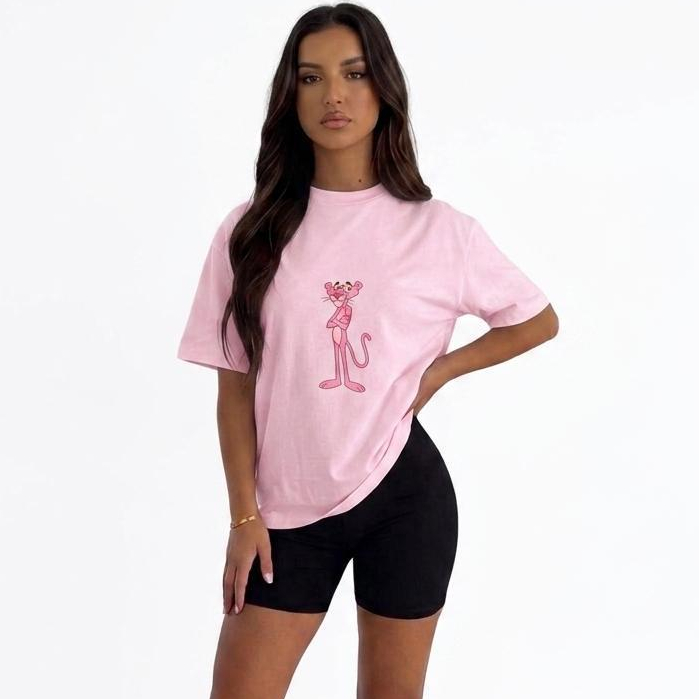 Conjunto Confortável Feminino Treino Academia Fiteness,Short  Suplex Camiseta 100% Algodão Casual Pantera Cor De Rosa