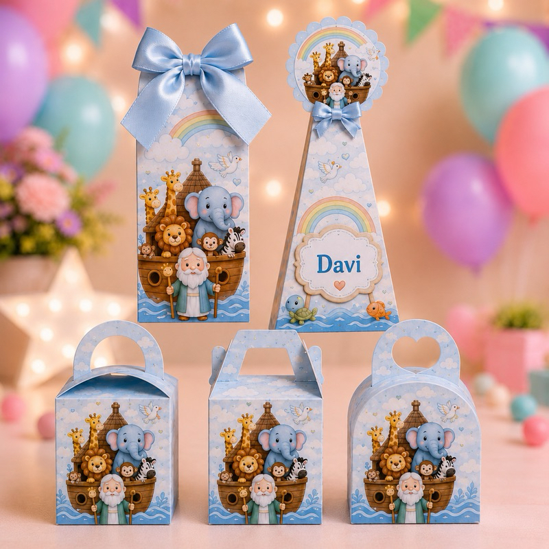 Caixinhas Personalizadas Arca de Noé para lembrancinhas de festa, aniversário, mesversario.